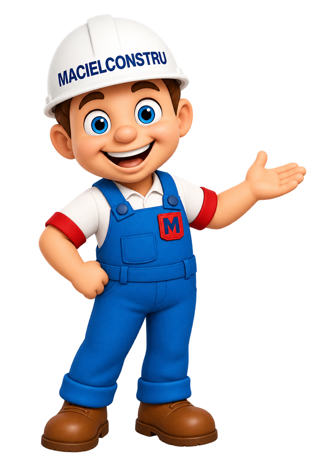 Mascote Maciel Constru convidando o cliente para conhecer a loja
